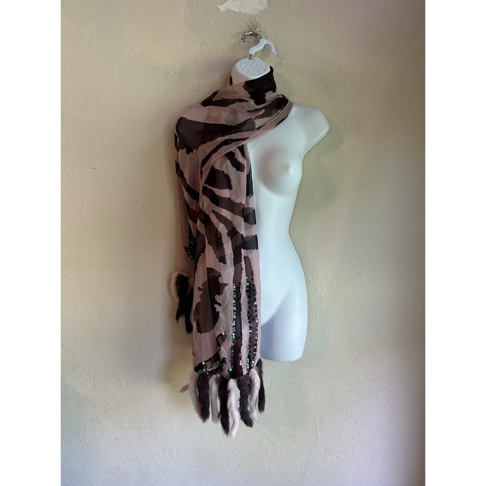 Sheer Silk Scarf Wrap Rabbit Fur Tassel Sequin Retro Glam Maximalist‎ Bohemian - Picture 2 of 7